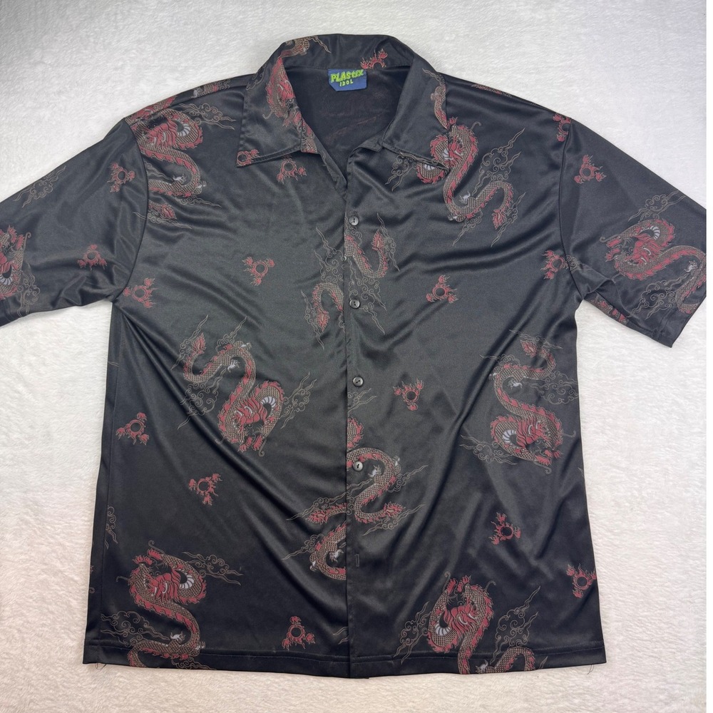 Vtg Plastic Idol Mens Red Dragon Silky Short Sleeve Button Down bowling Shirt XL